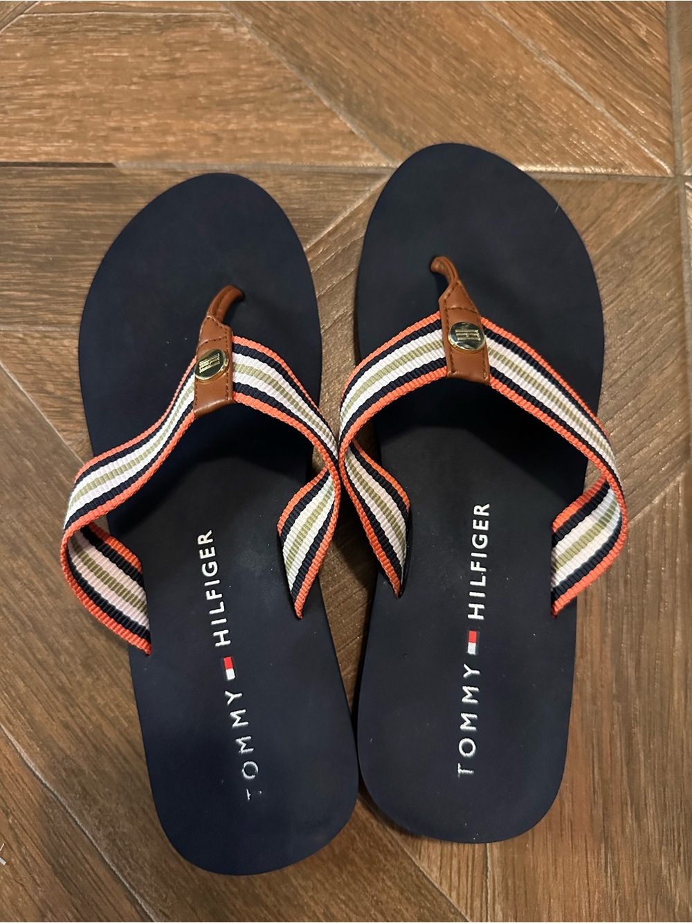 Tommy Hilfiger Navy Flip Flops with Striped Coral, White & Navy Straps
